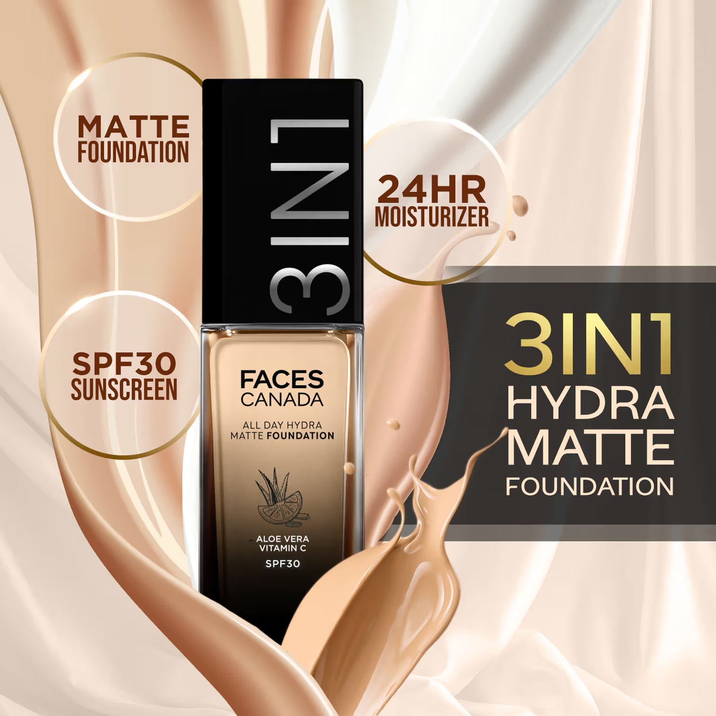 Faces Canada 3In1 All Day Hydra Matte Foundation + Moisturizer + SPF 30