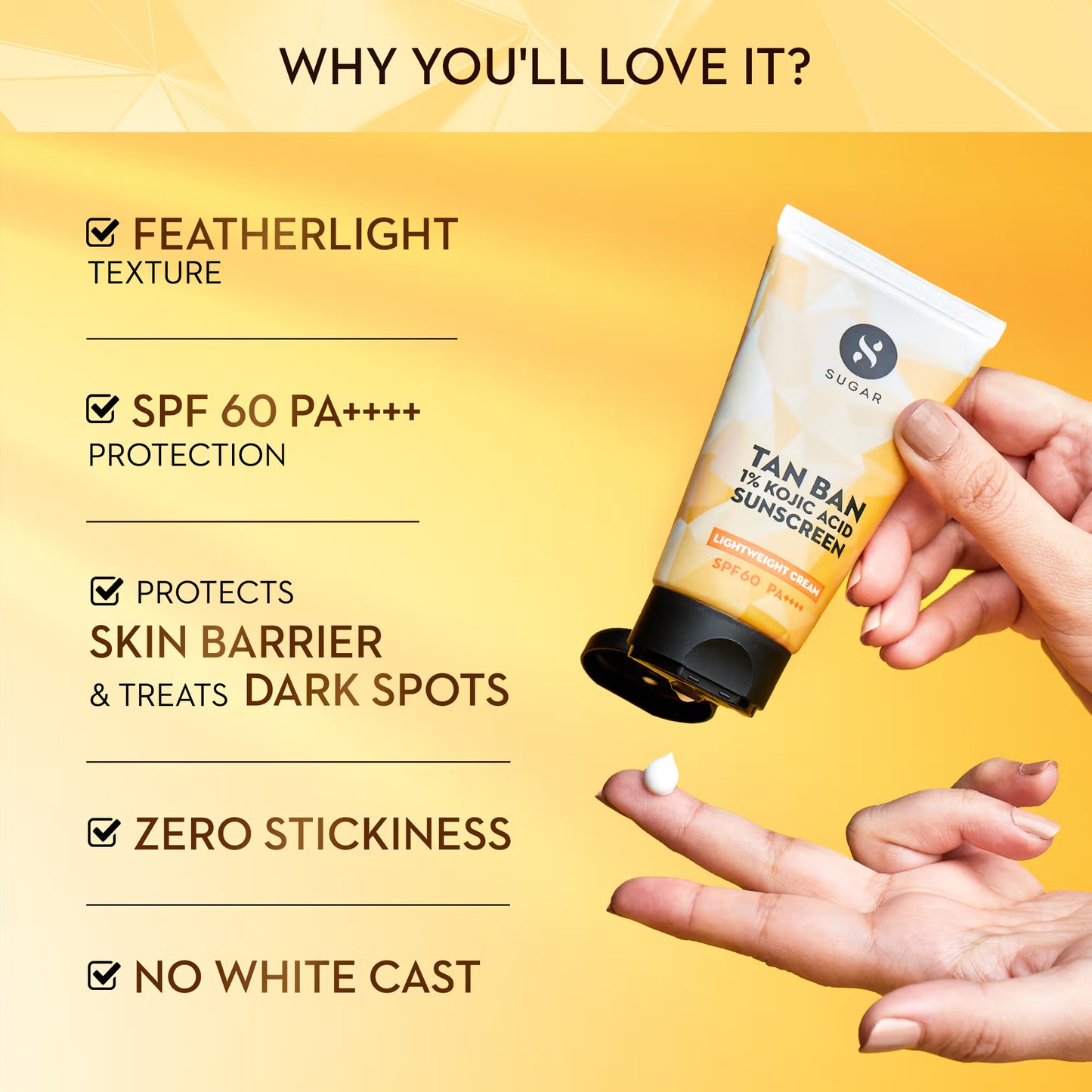 SUGAR Tan Ban 1% Kojic Acid Sunscreen Lightweight Cream SPF 60 PA++++