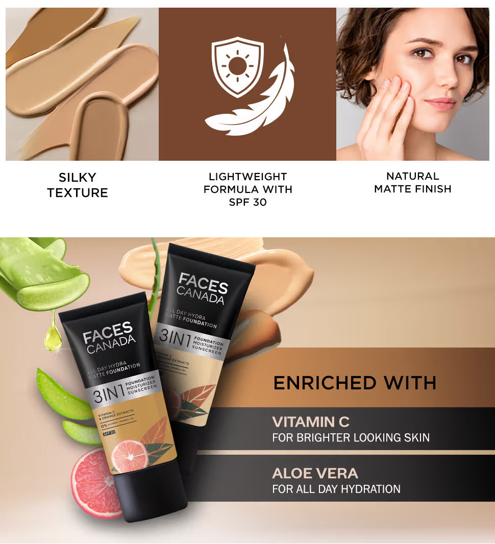 Faces Canada 3In1 All Day Hydra Matte Foundation + Moisturizer + SPF 30