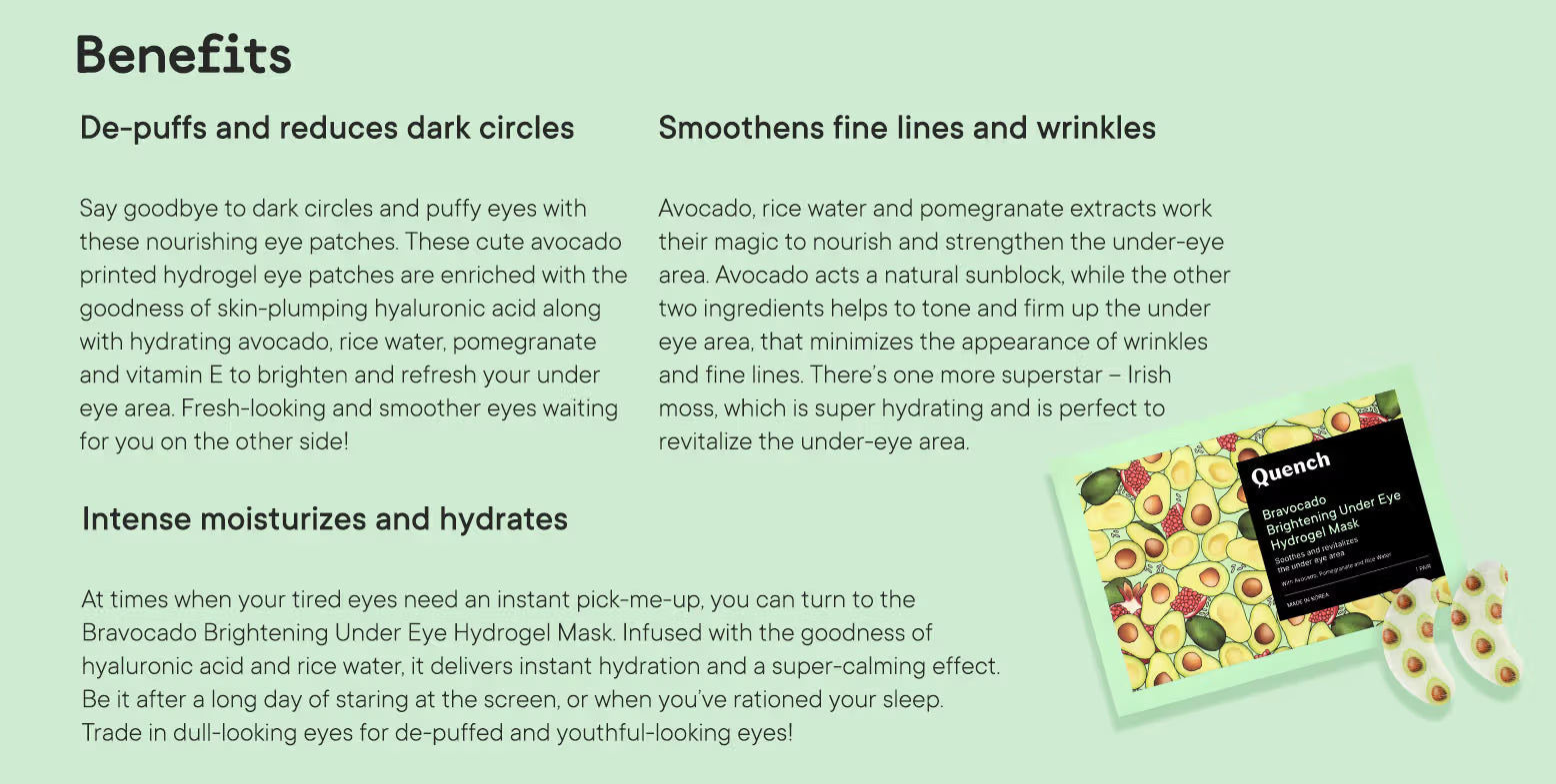 Quench Brightening Under Eye Hydrogel Mask for Dark Circle & Puffiness Reduction -Vit E & Avocado