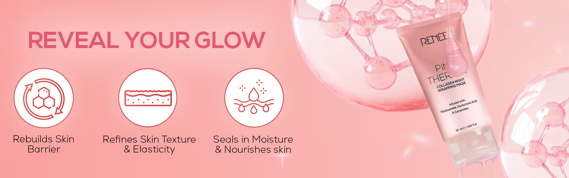 RENEE Pink Therapy Collagen Night Wrapping Face Mask For Young Skin, Hyaluronic Acid Infused
