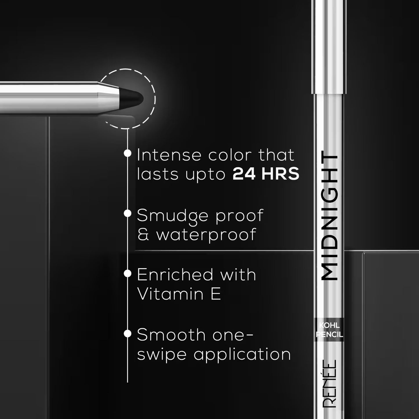 Renee Cosmetics Midnight Kohl Pencil, Waterproof, Smudge-proof, All-Day Kajal with Sharpener
