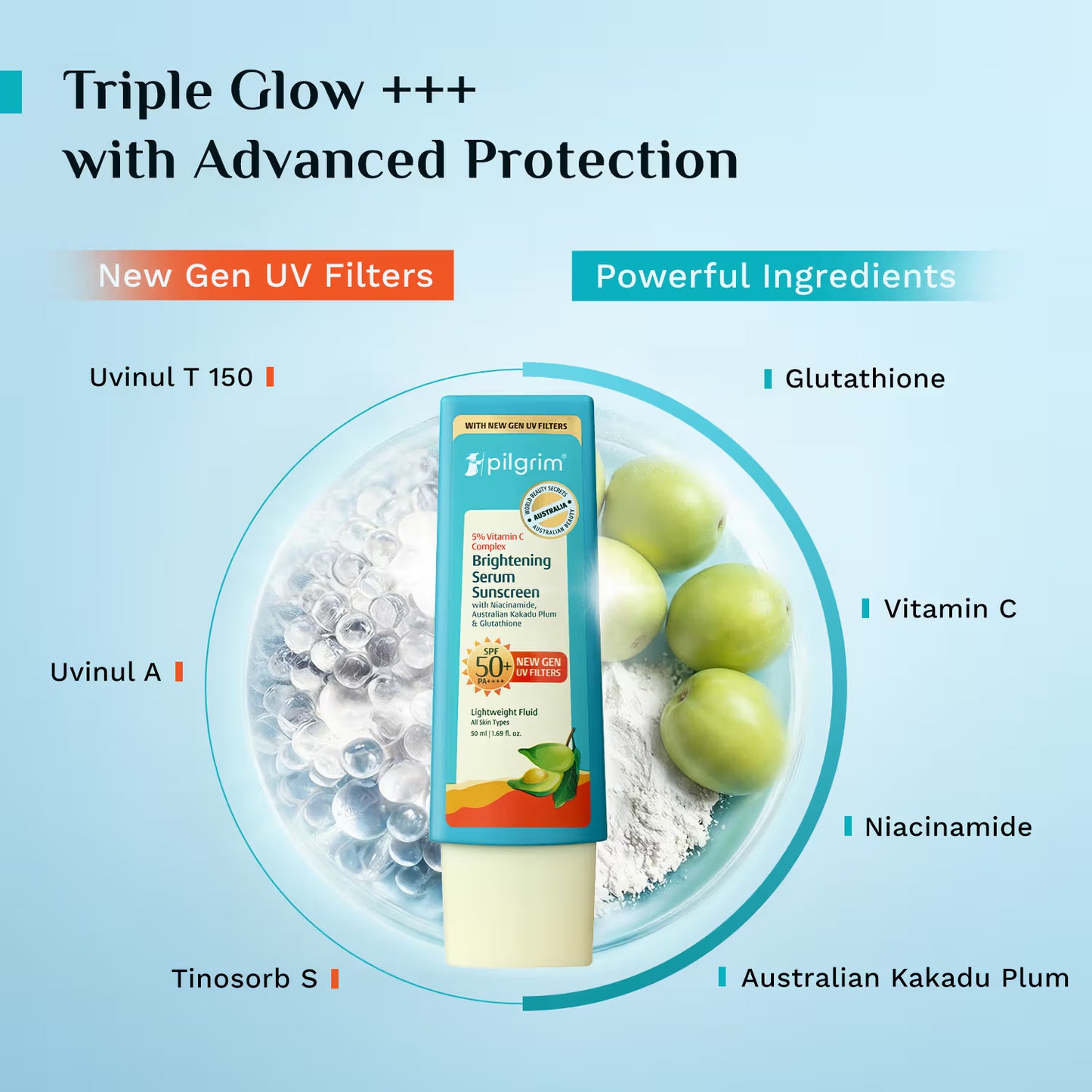Pilgrim 5% Vitamin C Complex Brightening Serum Sunscreen SPF50+PA++++ In-Vivo tested
